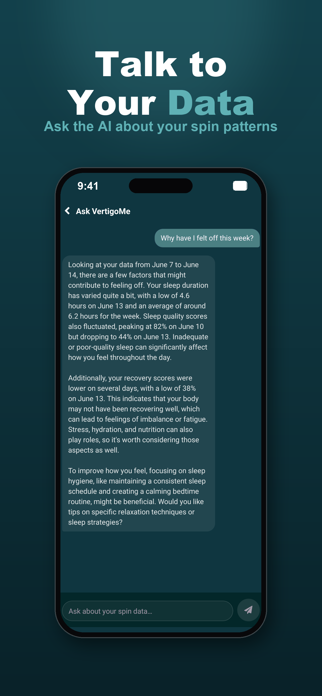 Ask VertigoMe: chat with your own spin data
